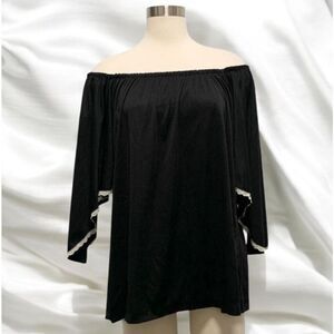 Vintage 70s Black Tunic Flutter Angel Sleeve Peasant Top Small Medium
